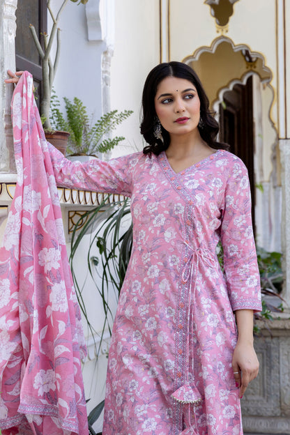 Pure Cotton Hand Work Angrakha Floral Kurta Pant Dupatta Set