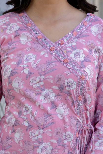 Pure Cotton Hand Work Angrakha Floral Kurta Pant Dupatta Set