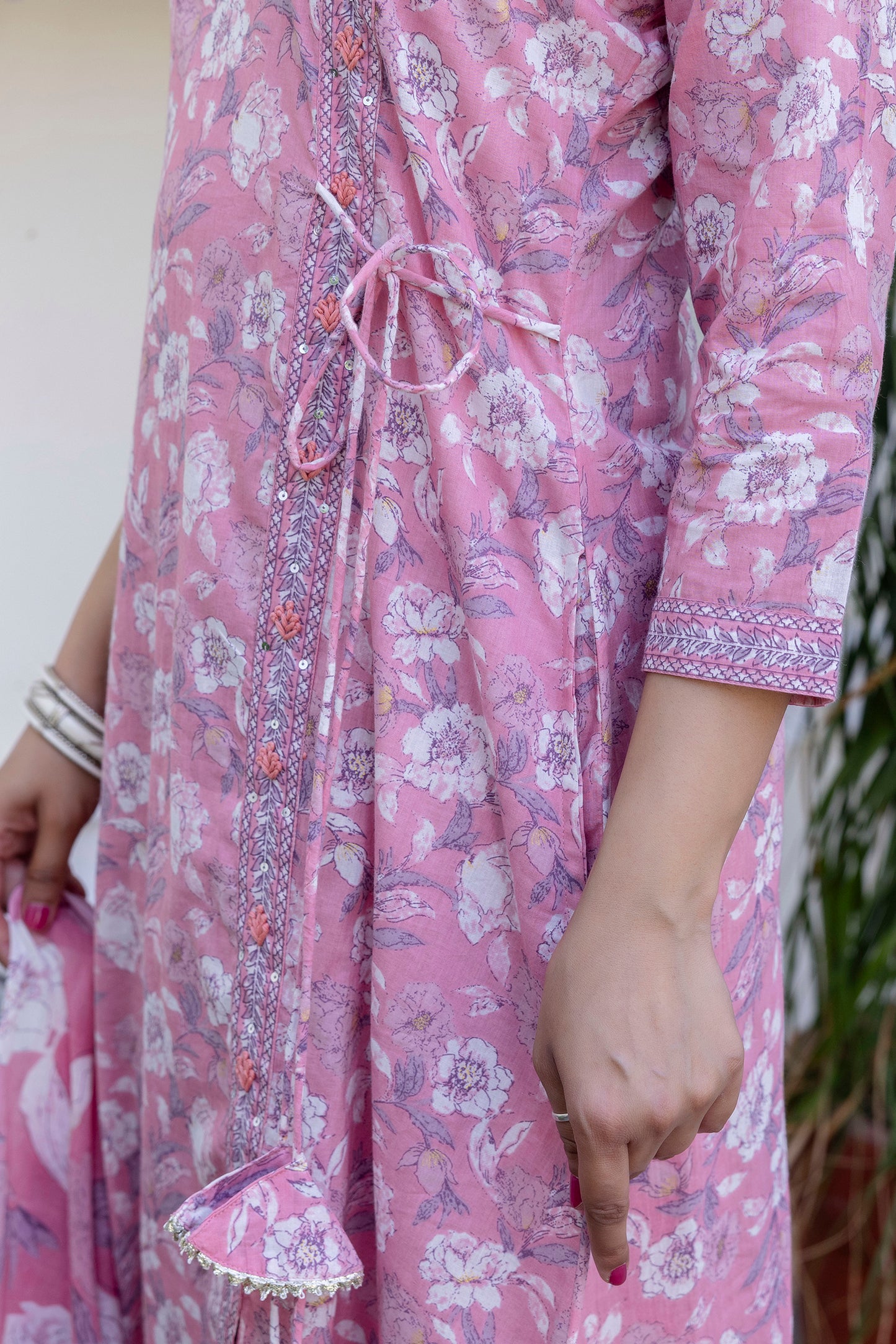 Pure Cotton Hand Work Angrakha Floral Kurta Pant Dupatta Set