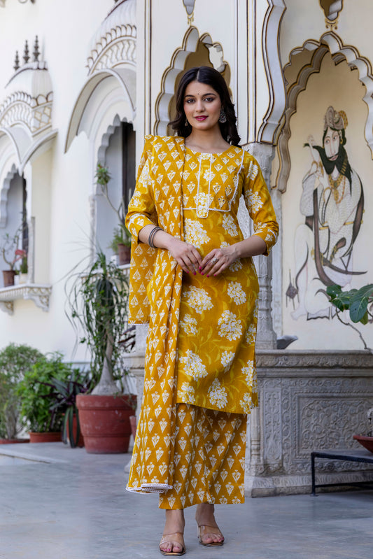 Women's Pure Cotton Floral Print Straight Hand-Work Kurta Pant Dupatta Set