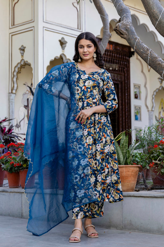 Rayon Floral Print Handwork Flared Kurta Pant Dupatta Set