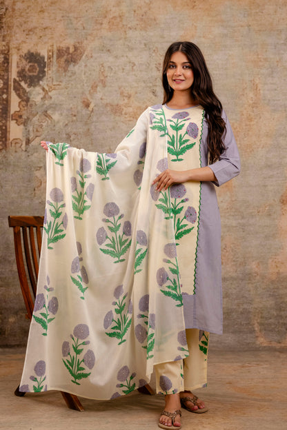 Pure Cotton Panel Hand Work Kurta Pant Dupatta Set