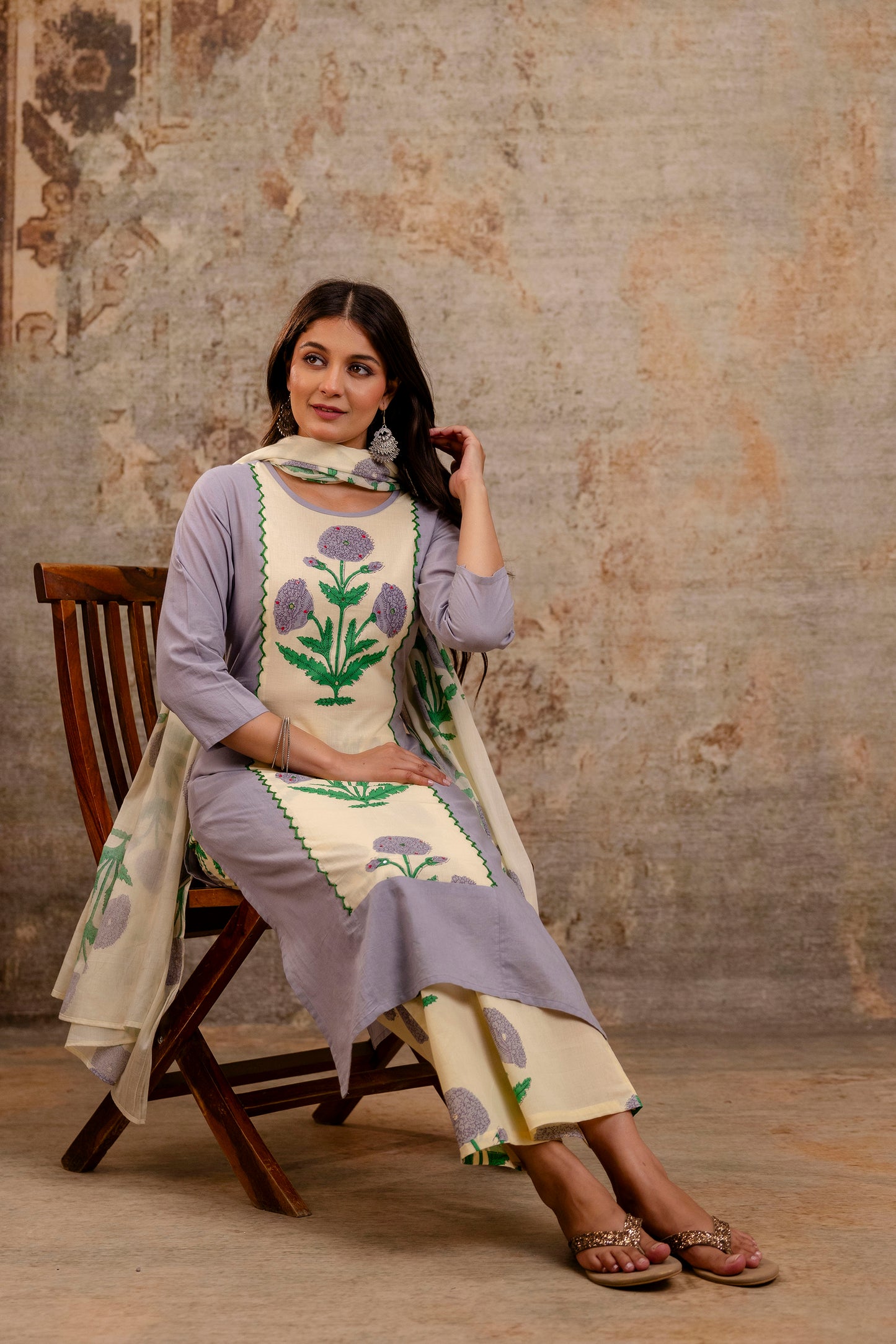 Pure Cotton Panel Hand Work Kurta Pant Dupatta Set