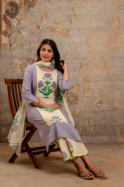 Pure Cotton Panel Hand Work Kurta Pant Dupatta Set