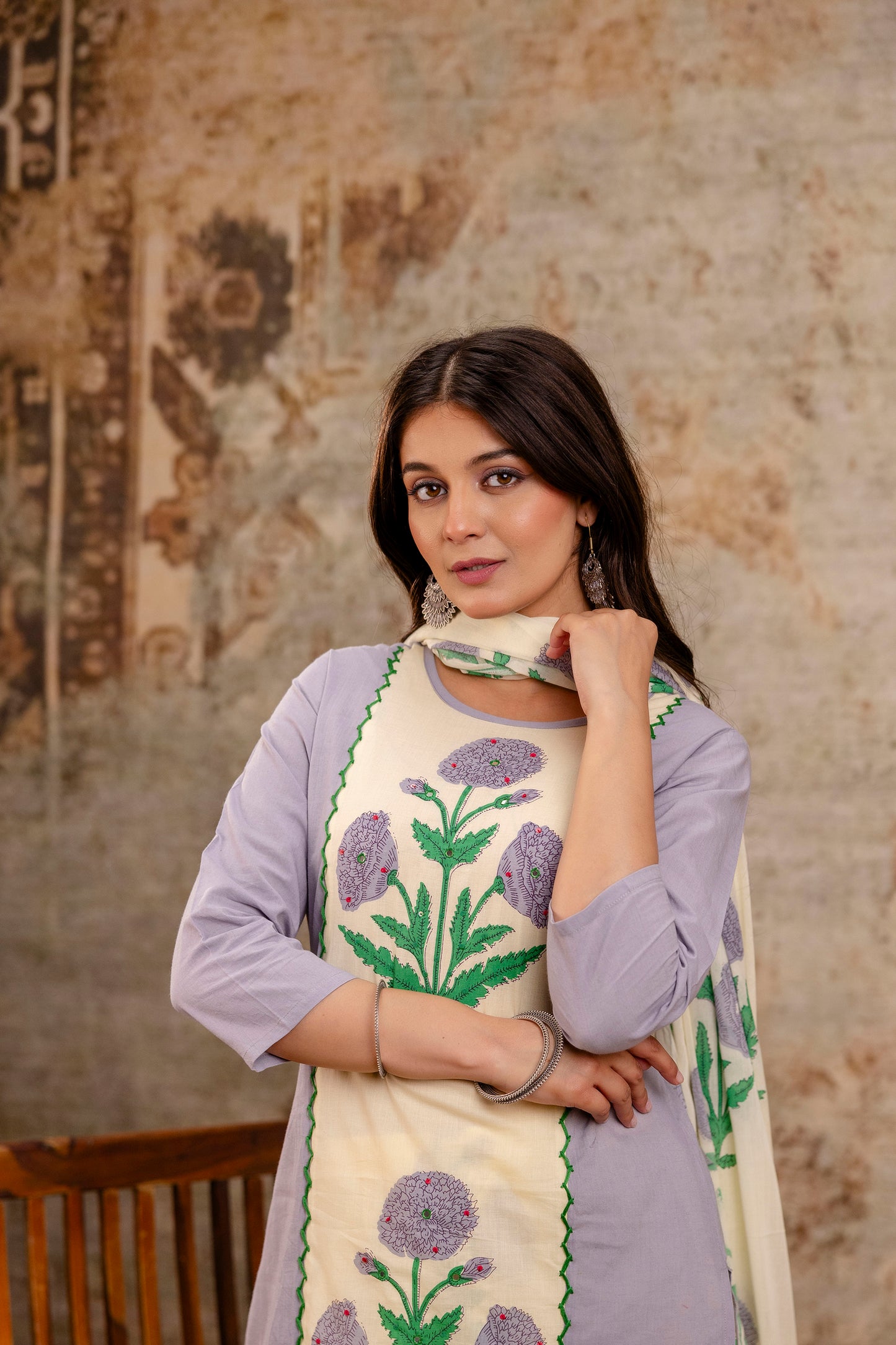 Pure Cotton Panel Hand Work Kurta Pant Dupatta Set