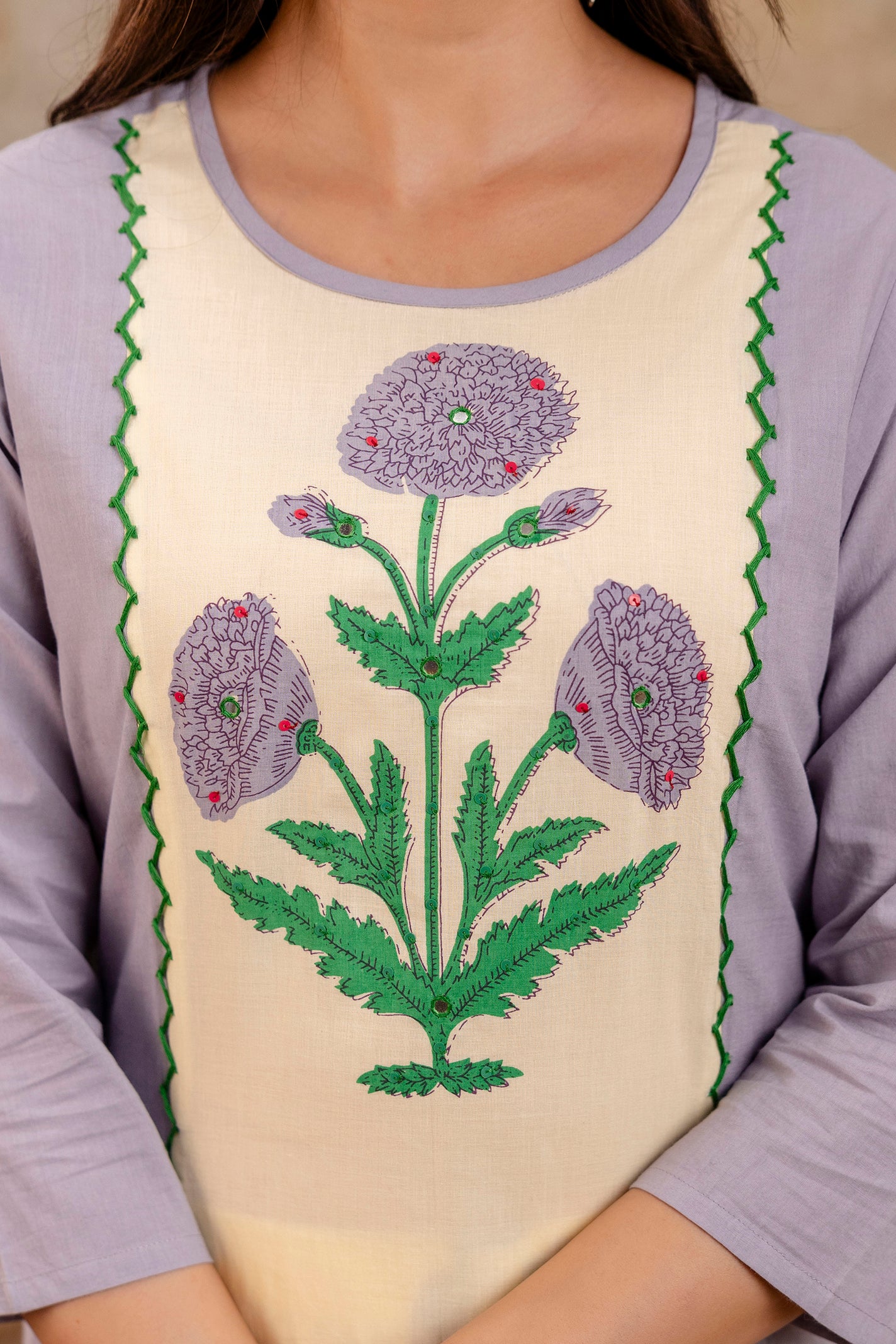 Pure Cotton Panel Hand Work Kurta Pant Dupatta Set