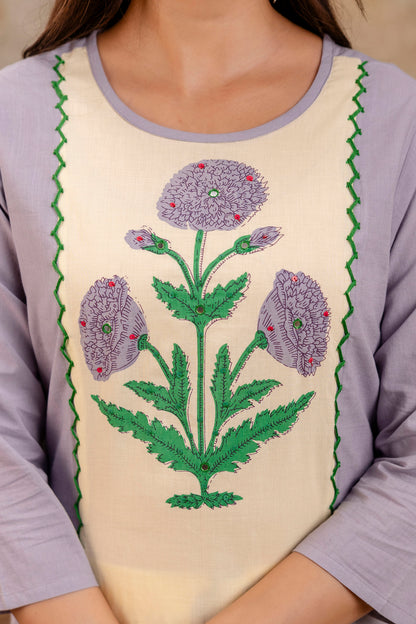 Pure Cotton Panel Hand Work Kurta Pant Dupatta Set