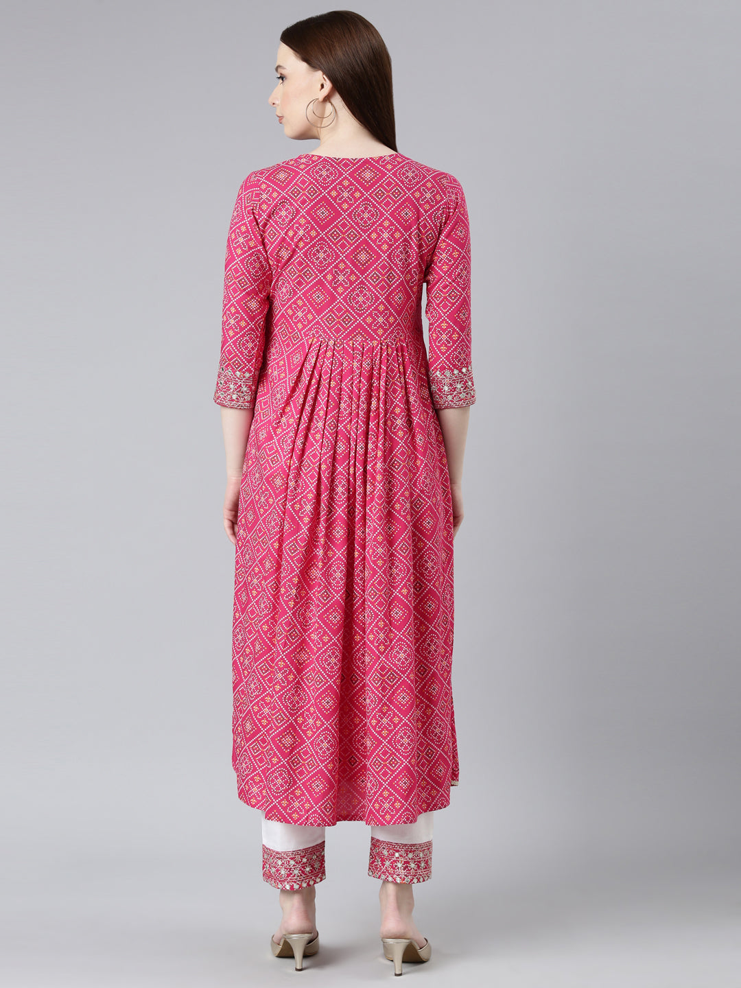 Rayon Bhandej print embroidered nira cut kurta pant set