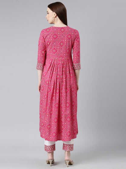Rayon Bhandej print embroidered nira cut kurta pant set