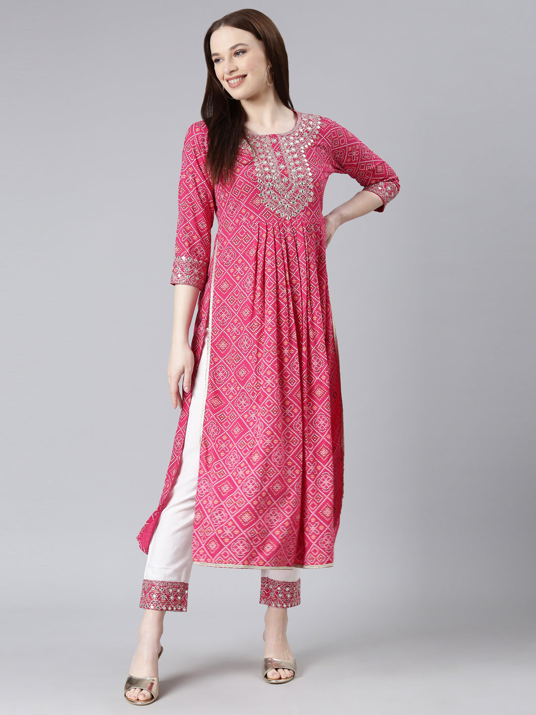 Rayon Bhandej print embroidered nira cut kurta pant set