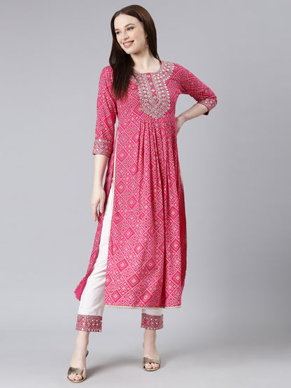Rayon Bhandej print embroidered nira cut kurta pant set