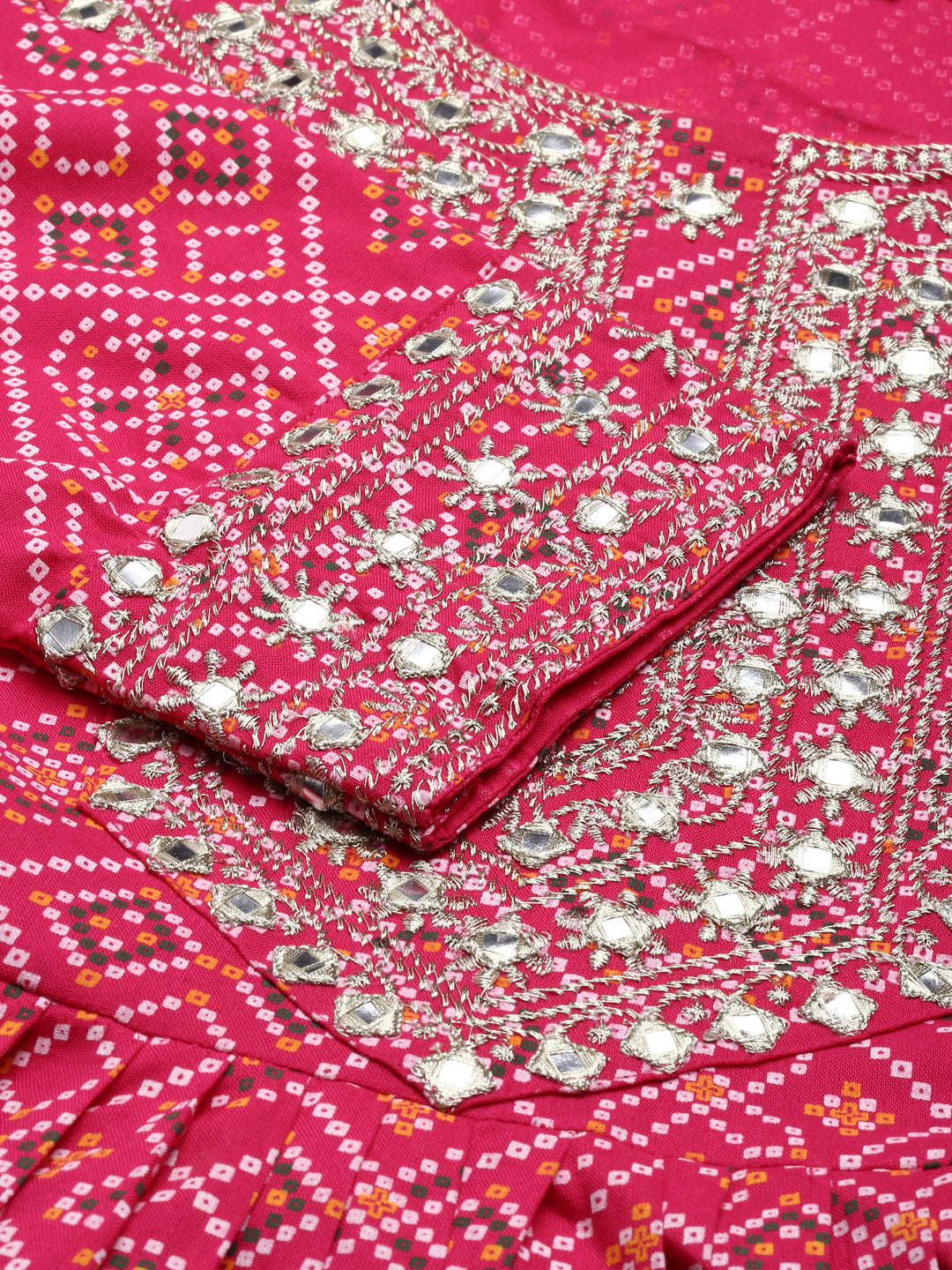 Rayon Bhandej print embroidered nira cut kurta pant set