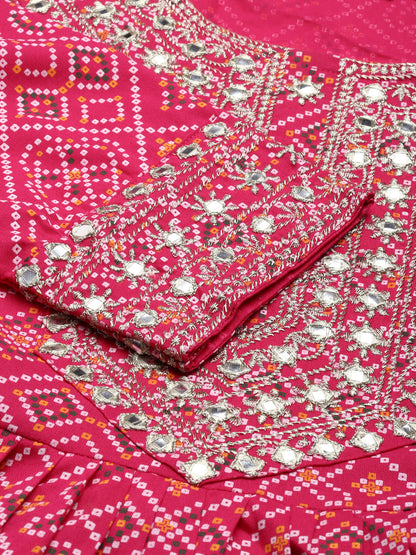 Rayon Bhandej print embroidered nira cut kurta pant set