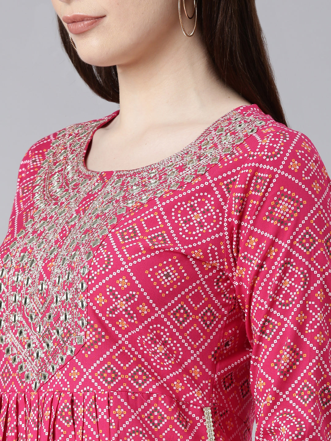 Rayon Bhandej print embroidered nira cut kurta pant set
