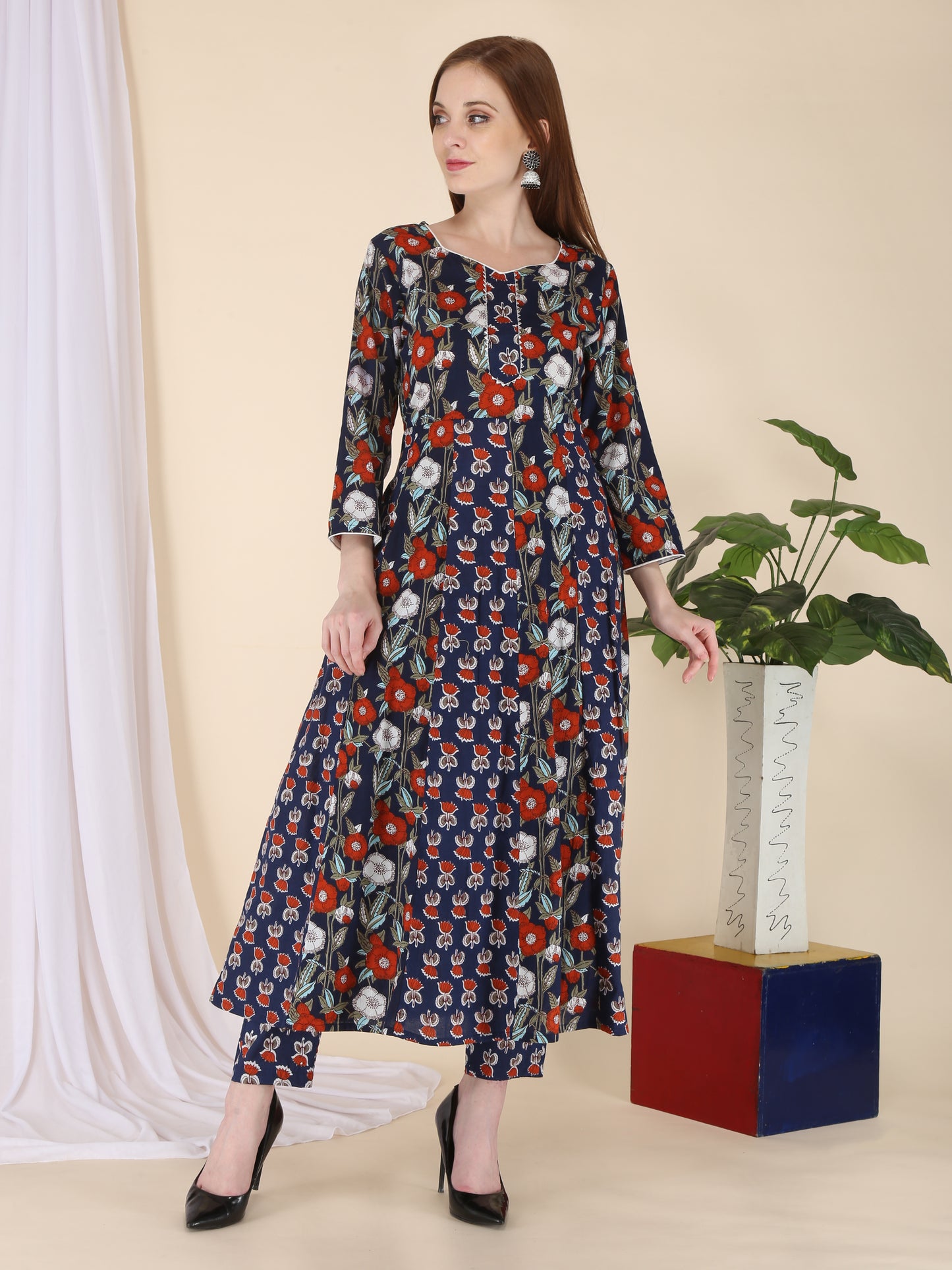 Pure cotton A-line panelled printed kurta pant set