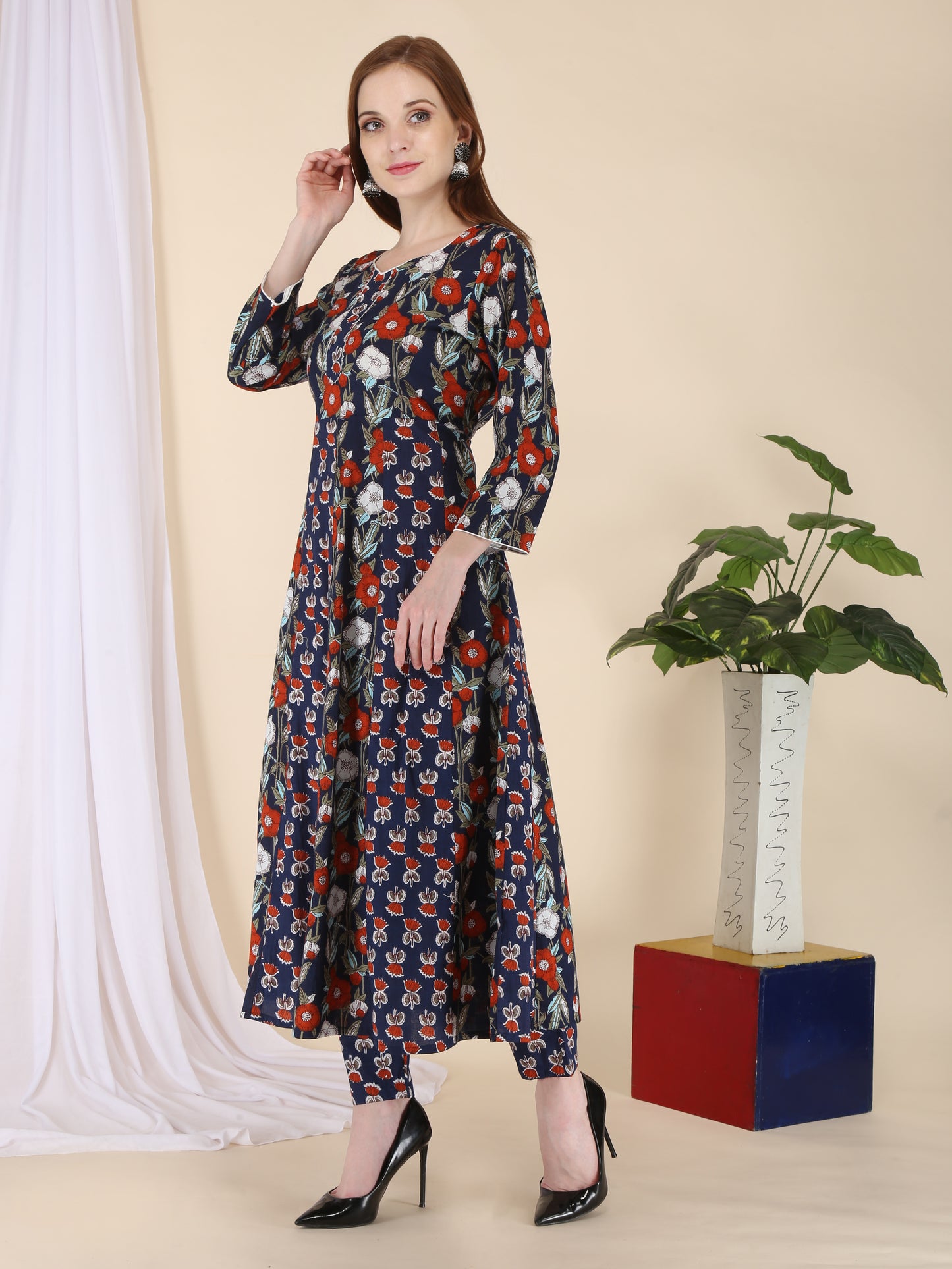 Pure cotton A-line panelled printed kurta pant set