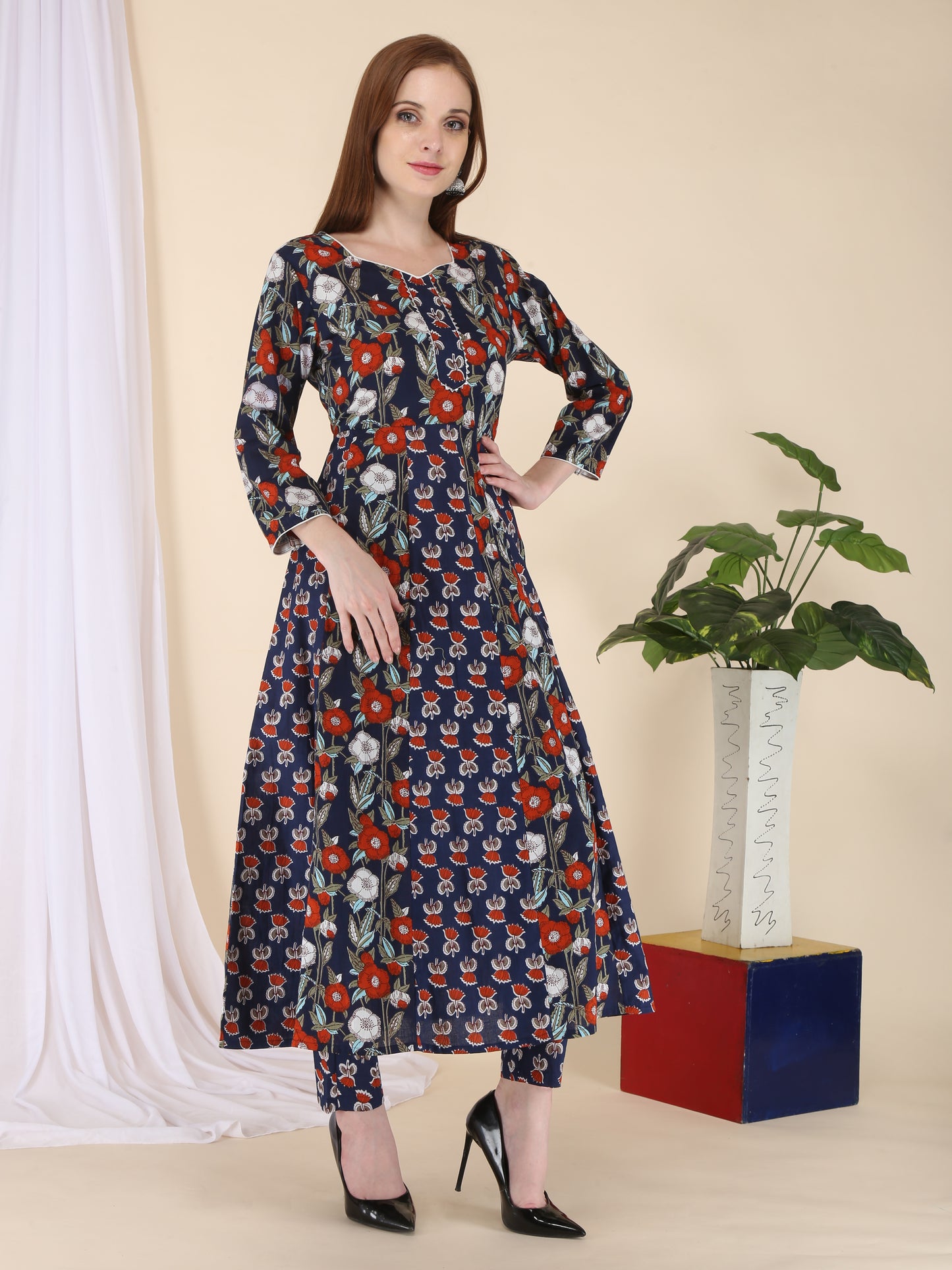 Pure cotton A-line panelled printed kurta pant set