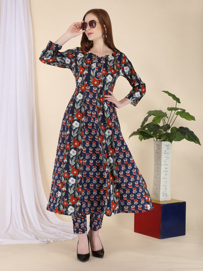 Pure cotton A-line panelled printed kurta pant set