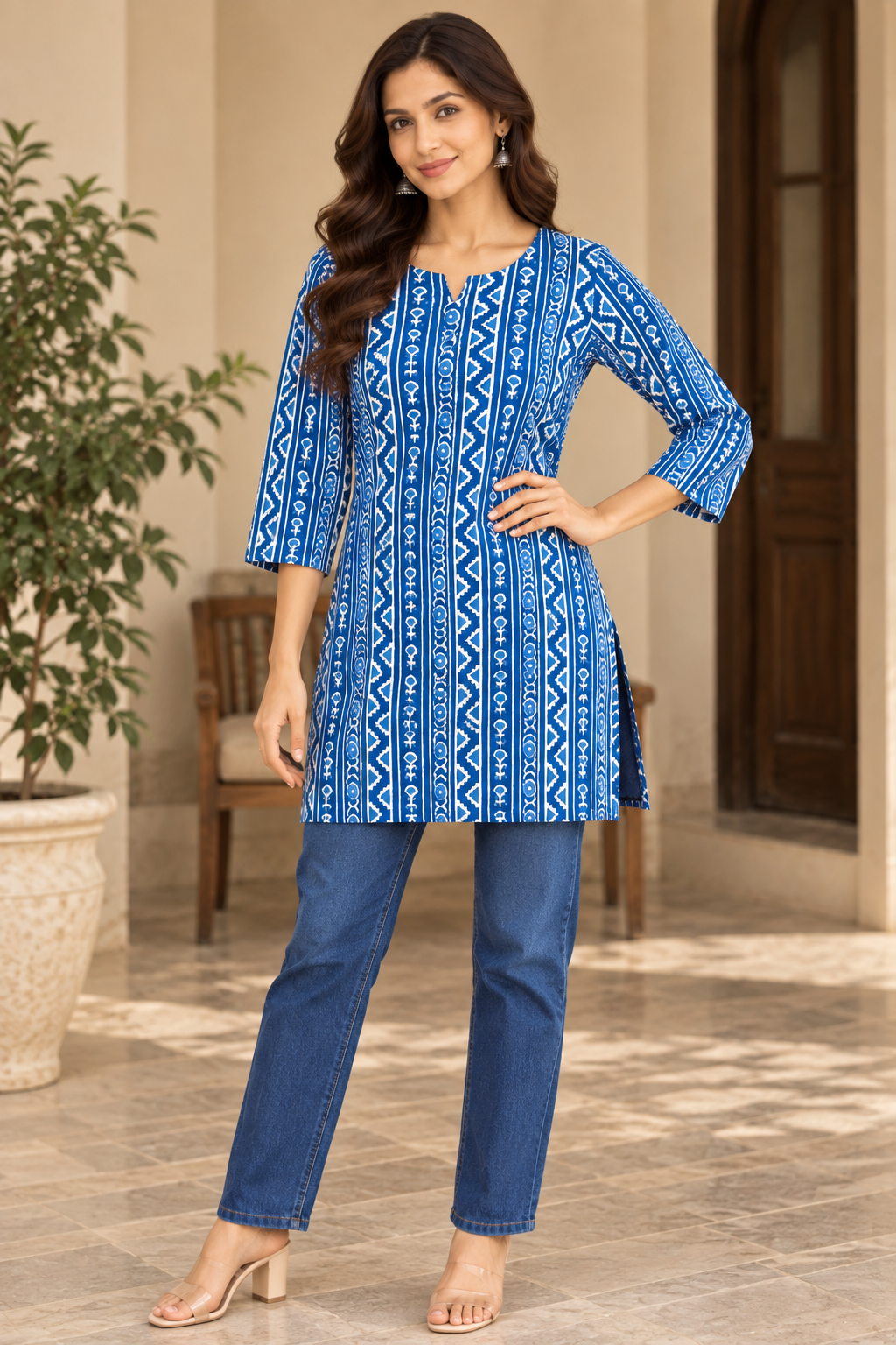 Indigo Blue Printed Cotton Short Kurti