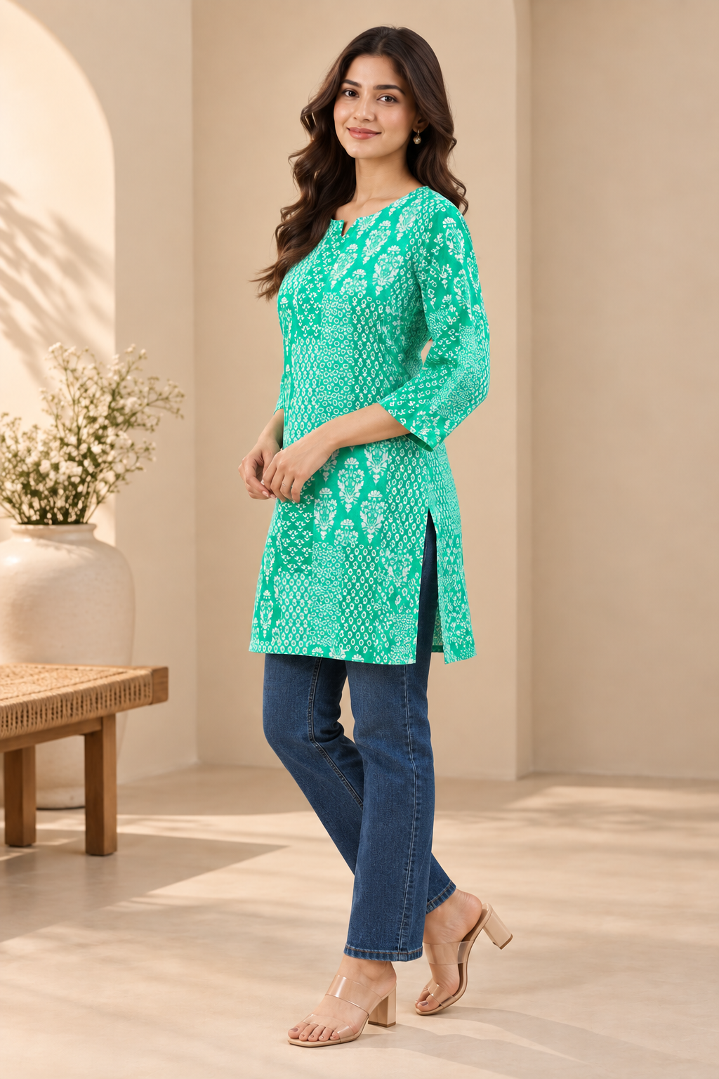 Emerald Green Ethnic Printed Cotton Short Kurti