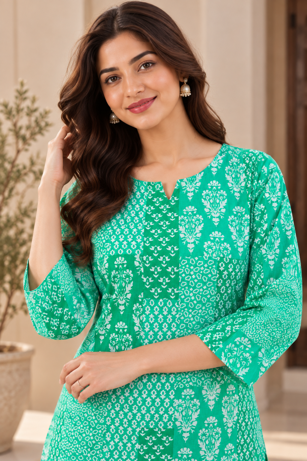 Emerald Green Ethnic Printed Cotton Short Kurti