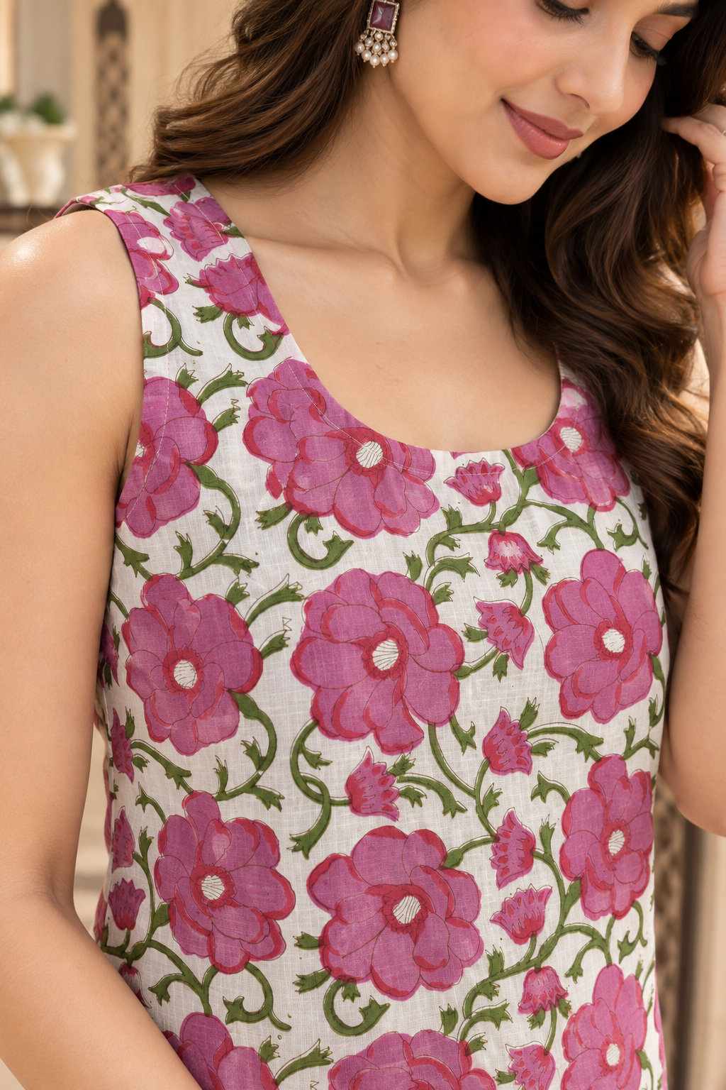 Gulabi Bloom Hand Block Printed Cotton Sleeveless Short Kurti Top