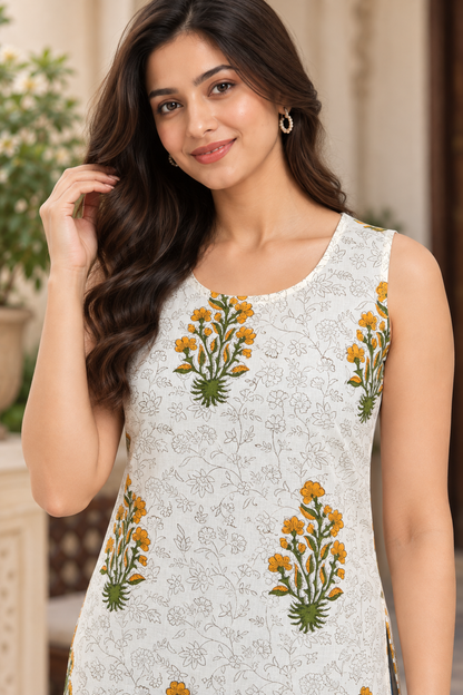 Marigold Bloom Hand Block Printed Cotton Sleeveless Short Kurti Top