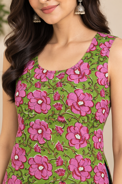 Gulabi Bloom Hand Block Printed Cotton Short Kurti Top