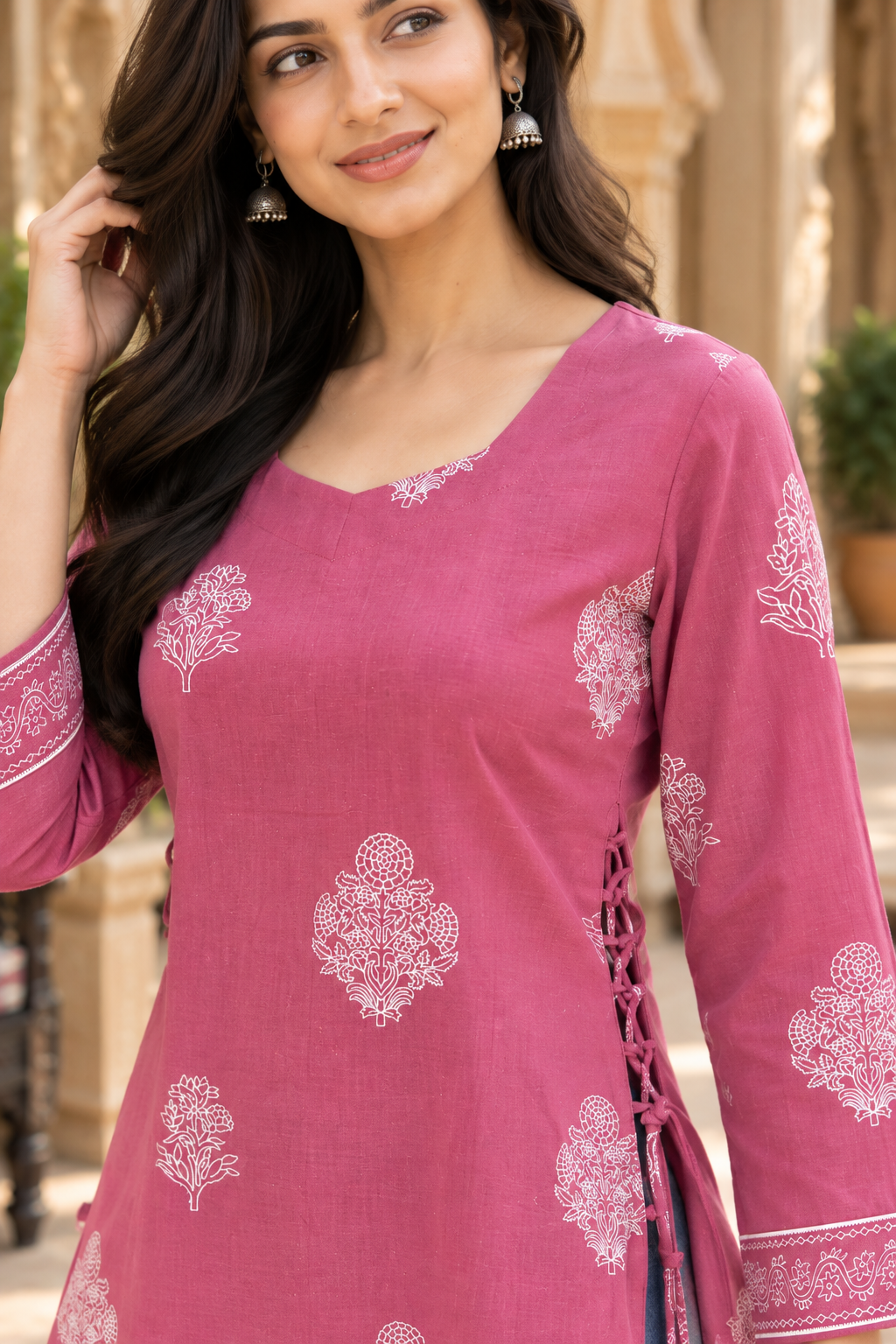 Rose Pink Floral Printed Cotton Tunic Top