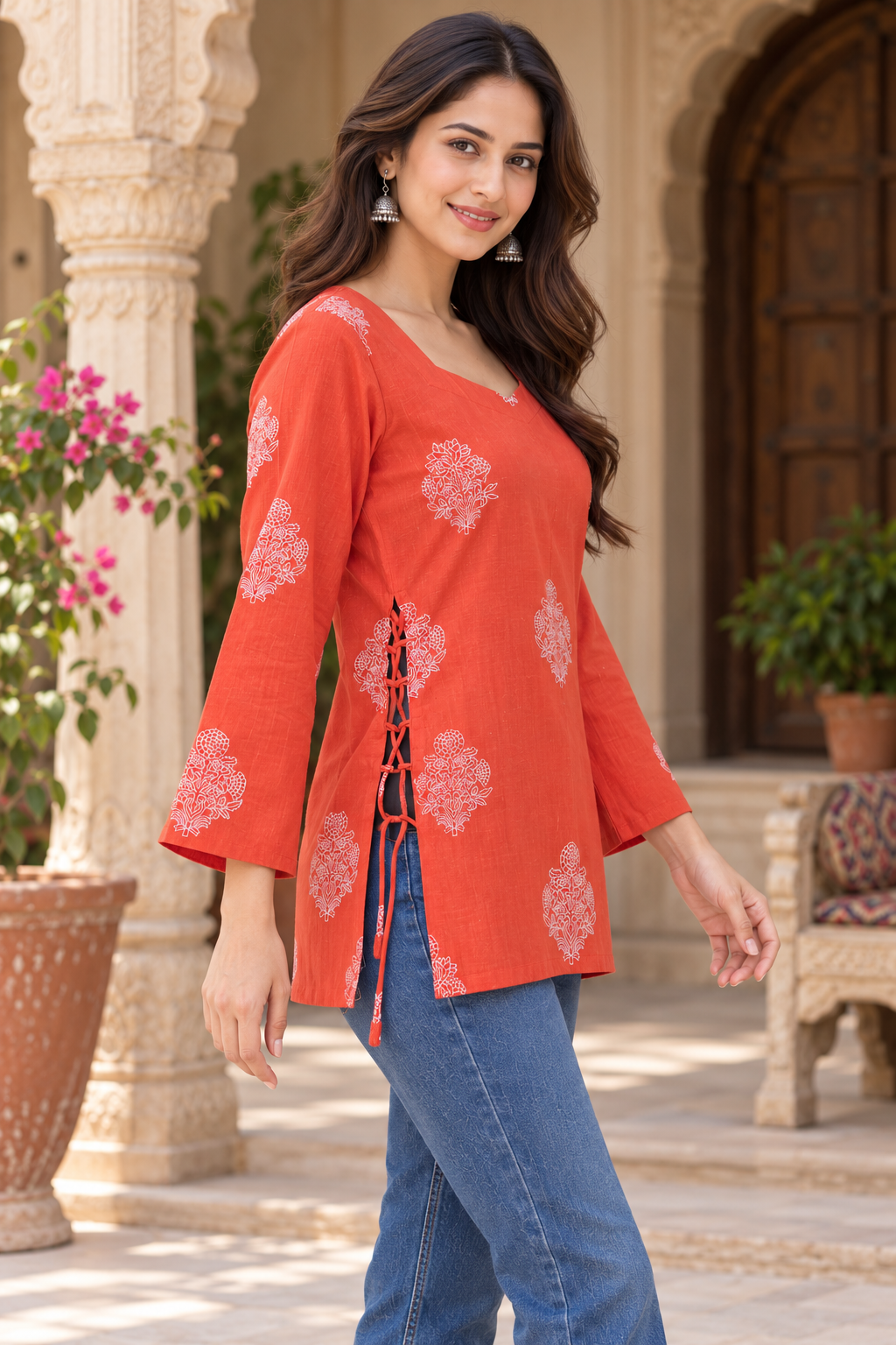 Rust Orange Floral Printed Cotton Tunic Top