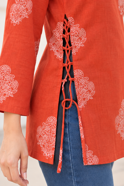 Rust Orange Floral Printed Cotton Tunic Top