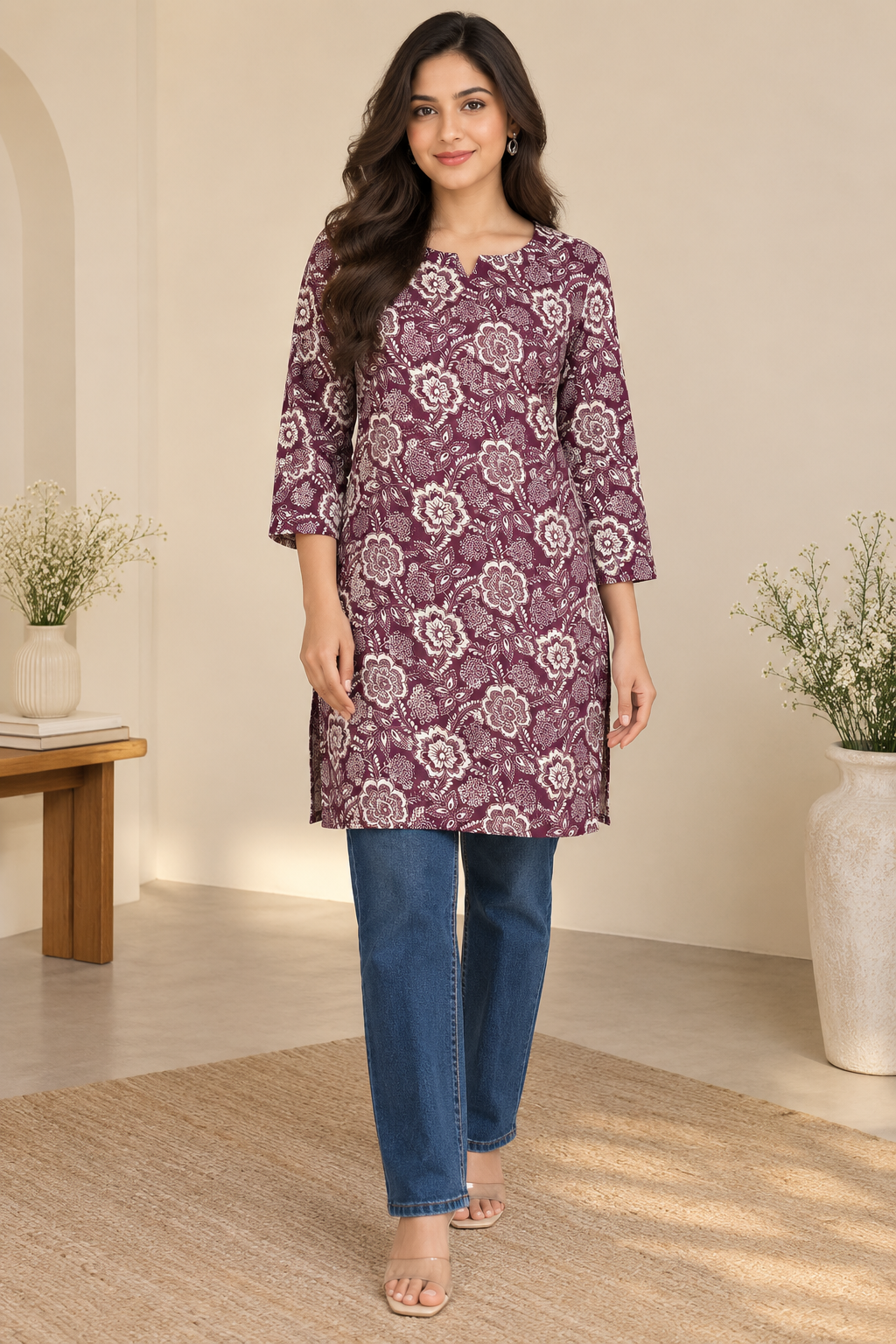 Wine Floral Printed Cotton Short Kurti