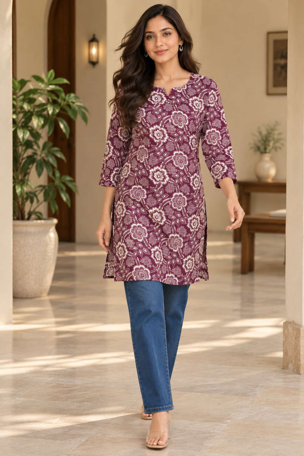 Wine Floral Printed Cotton Short Kurti