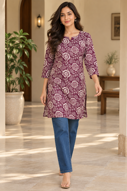 Wine Floral Printed Cotton Short Kurti