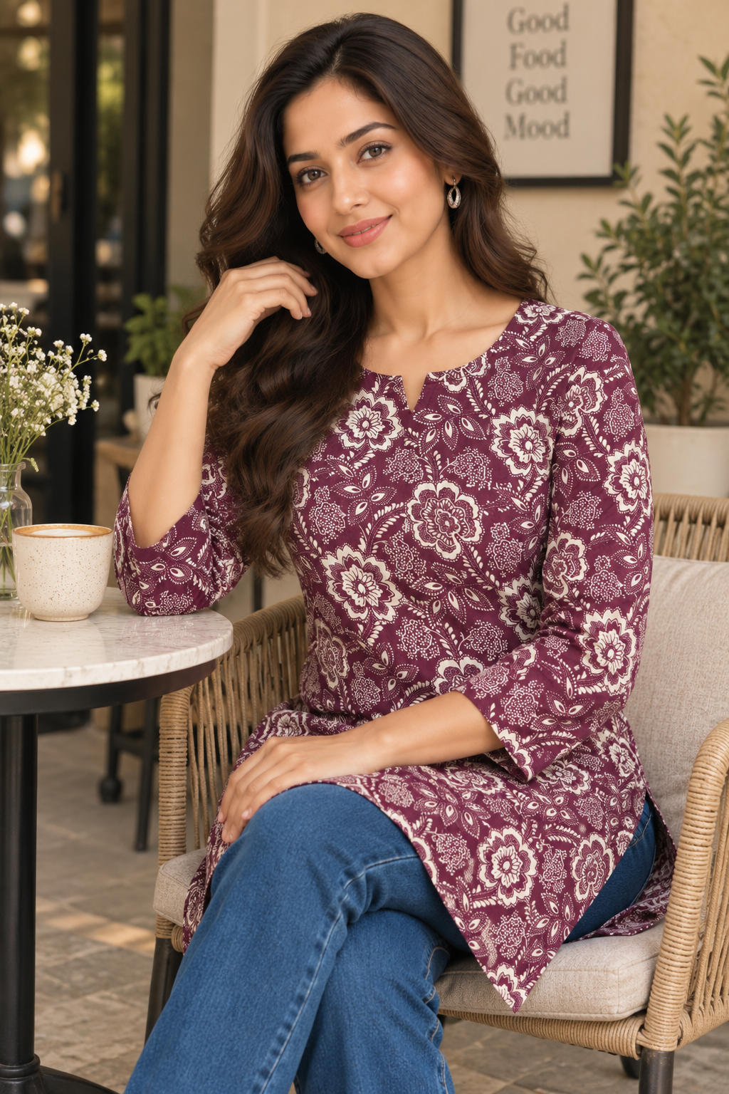 Wine Floral Printed Cotton Short Kurti