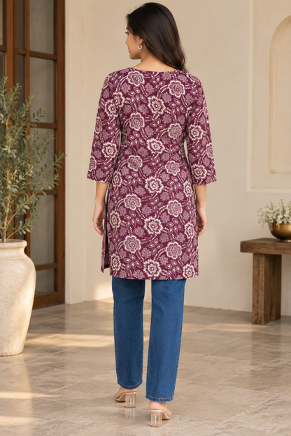 Wine Floral Printed Cotton Short Kurti