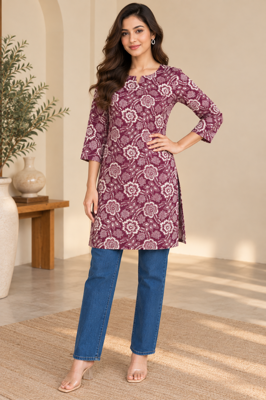 Wine Floral Printed Cotton Short Kurti