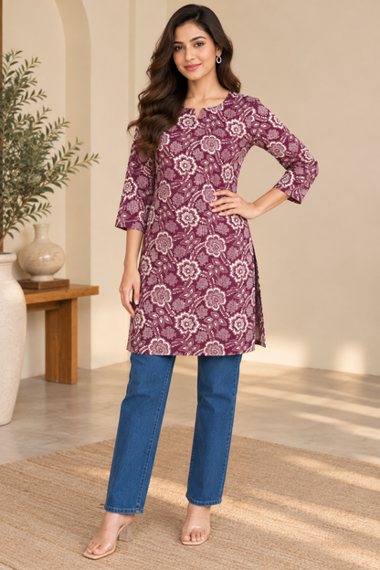 Wine Floral Printed Cotton Short Kurti