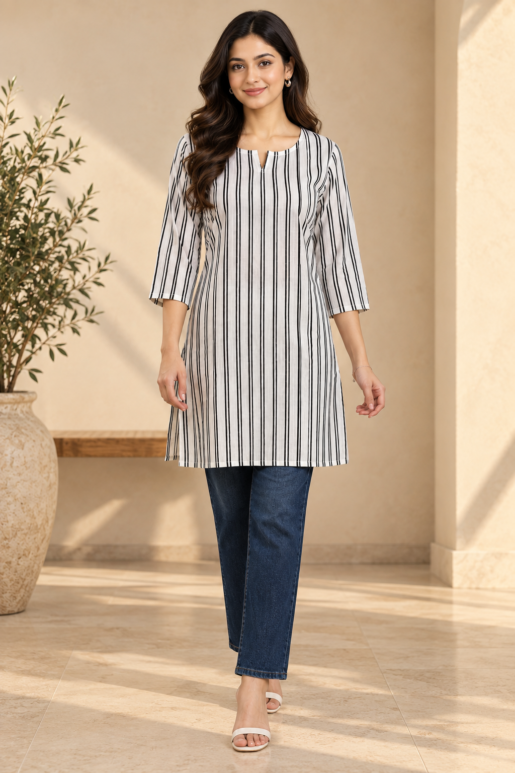 Classic White & Black Striped Cotton Short Kurti