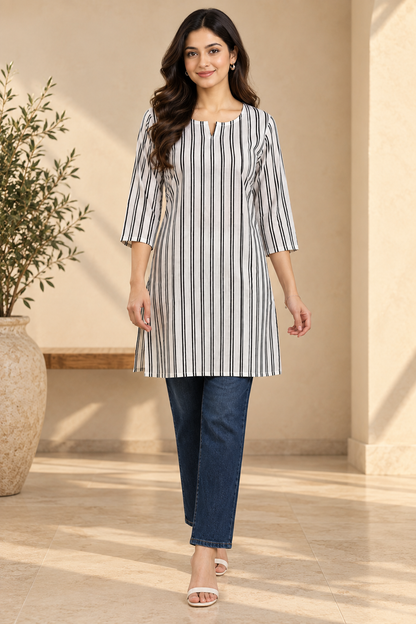 Classic White & Black Striped Cotton Short Kurti