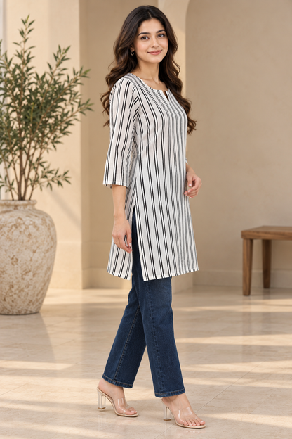 Classic White & Black Striped Cotton Short Kurti