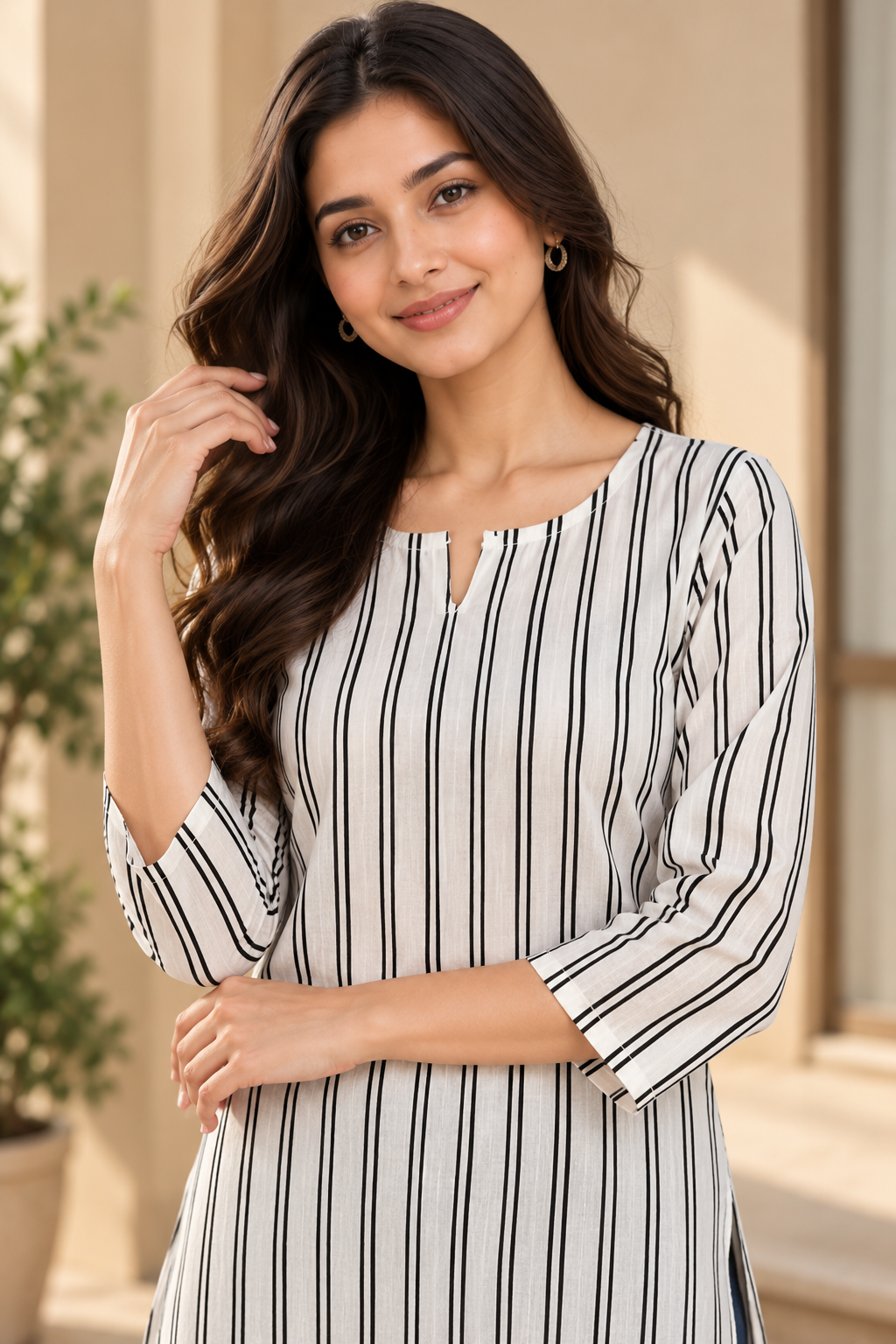 Classic White & Black Striped Cotton Short Kurti