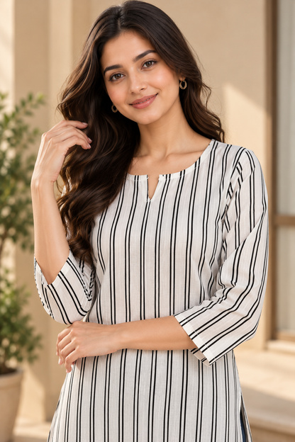 Classic White & Black Striped Cotton Short Kurti