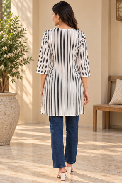 Classic White & Black Striped Cotton Short Kurti