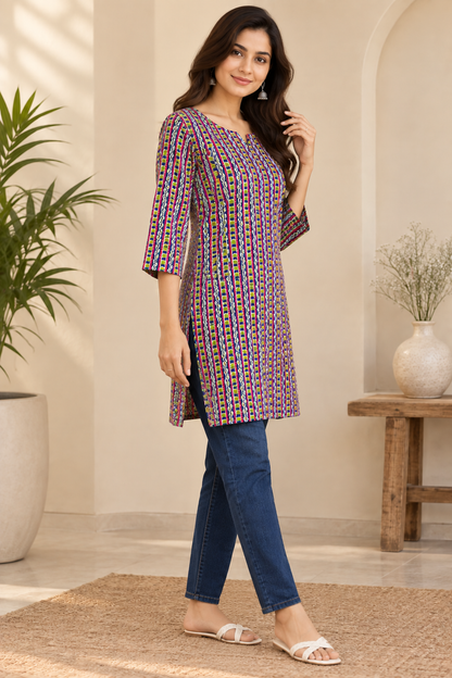 Multicolour Striped Printed Cotton Short Kurti