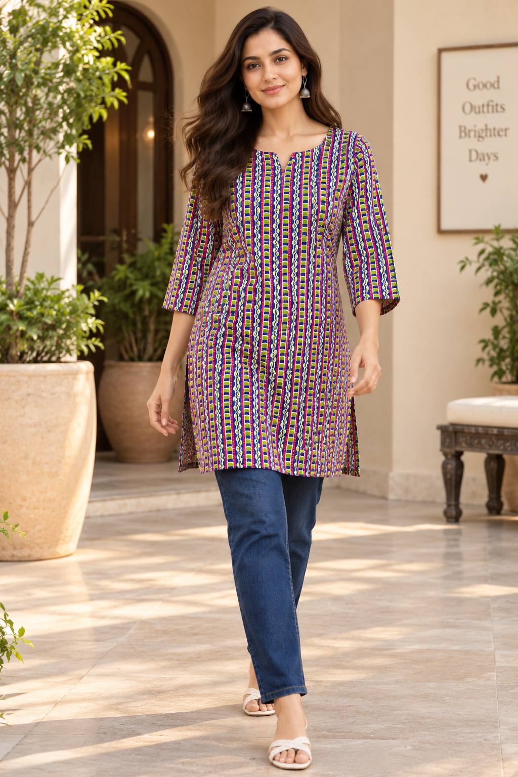 Multicolour Striped Printed Cotton Short Kurti