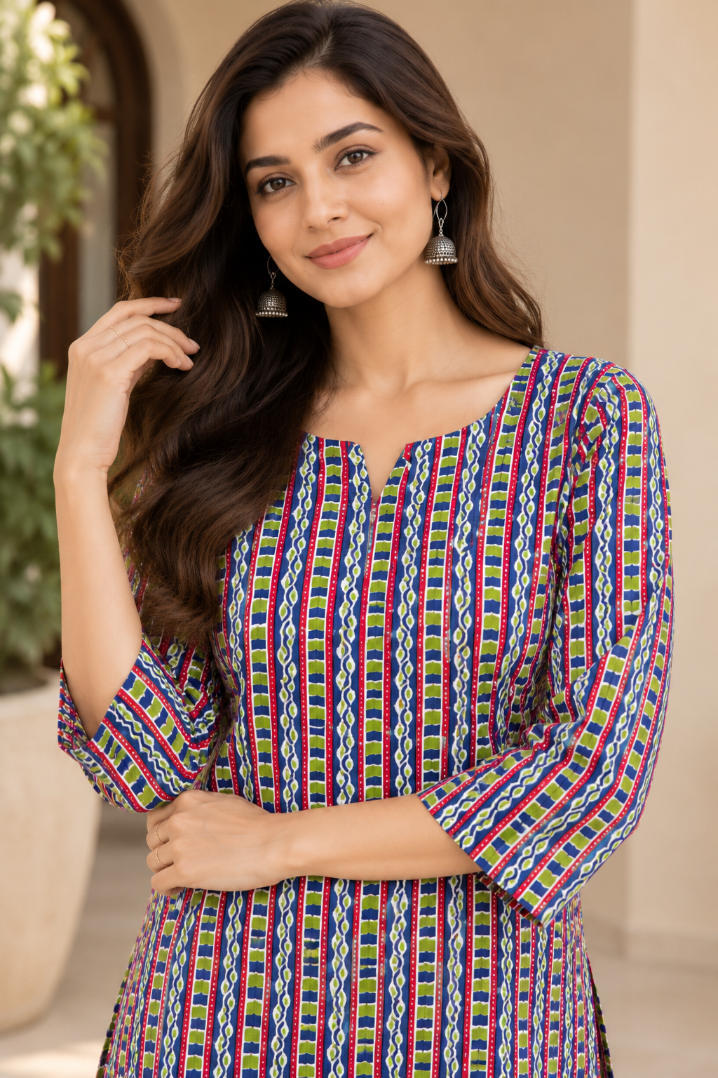Multicolour Striped Printed Cotton Short Kurti