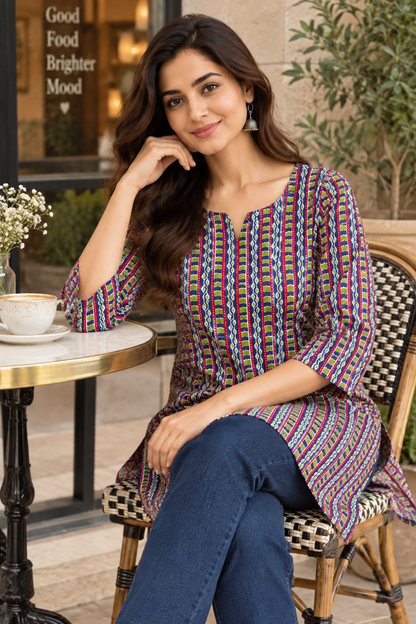 Multicolour Striped Printed Cotton Short Kurti