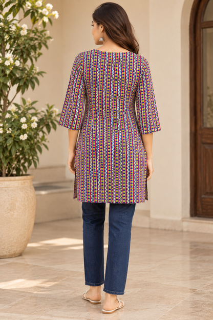 Multicolour Striped Printed Cotton Short Kurti