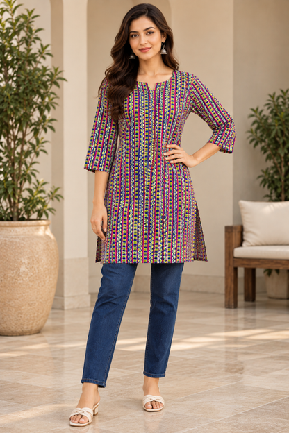 Multicolour Striped Printed Cotton Short Kurti